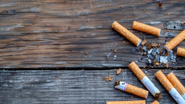 Broken Cigarettes and Tobacco Debris on Rustic Wooden Table Surface