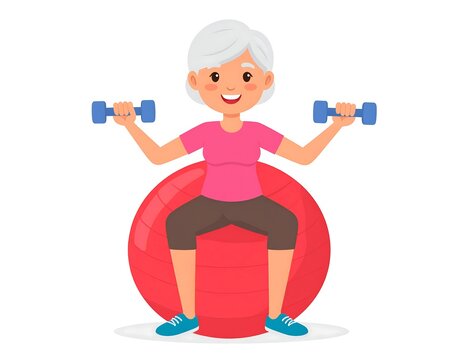 Cartoon elderly woman exercising with dumbbells while sitting on a red fitness ball