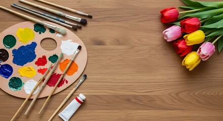 Art supplies with vibrant paints and fresh tulips on a warm wooden surface