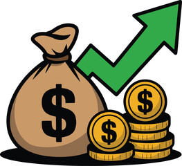 Money bag with growing up arrow and stacked coins symbolizing financial growth and profit