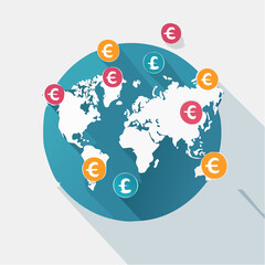 Fototapeta premium Global financial transactions illustration: World map with currency symbols and business concept