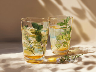 Illustration of a pair of transparent glasses filled with herbal drinks, showcasing vibrant herbs and refreshing textures, perfect for wellness and relaxation themes