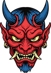 A fierce red Japanese Oni demon mask with blue hair, sharp horns, and menacing fangs.