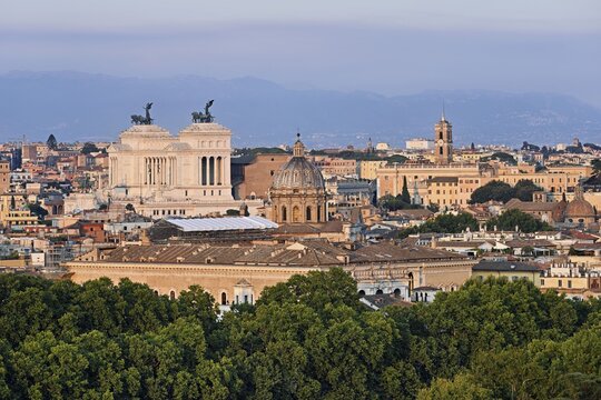 View of the city from the Gianicolo viewpoint with the Vittorio Emanuele II monument, Rome, Lazio, Italy