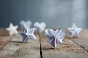 Origami paper hearts and stars arranged on a wooden table in bright morning light, creating a playful and artistic atmosphere with copy space