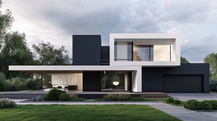 Modern Minimalist Home with Geometric Design and Lush Green Lawn.