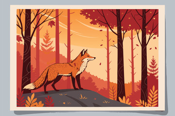 Fox in a stylized autumn forest with orange and red trees.