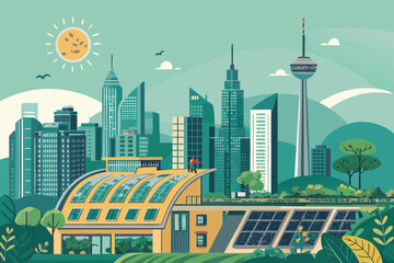 Modern city skyline with eco friendly buildings and solar panels on the roof.