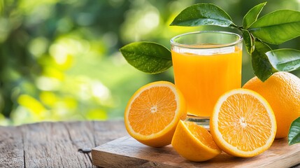 Refreshing Orange Juice Still Life with Sliced Fruit and Green Bokeh Background.