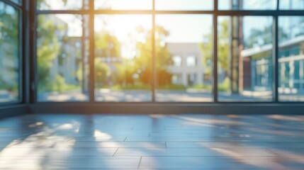 Fototapeta premium Brightly lit modern interior with wooden flooring and large glass windows showcasing a vibrant outdoor garden