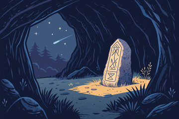 Mysterious runestone glows within a dark cave entrance at night.