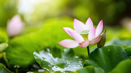 Serene Pink Lotus Blossom with DewKissed Leaves in Lush Greenery.