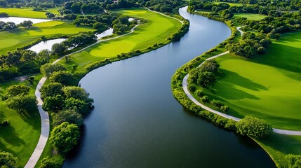 Serene Golf Course River Aerial View of Lush Green Fairways and Winding Waterway.