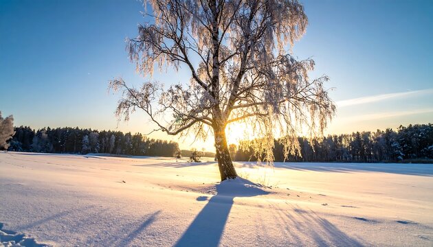 A stunning winter scene with a frosted tree standing alone in a snow-covered field, bathed in the warm glow of the setting sun - Powered by Adobe