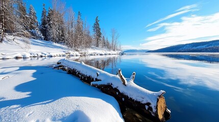 SnowDusted Log on Winter Shoreline Reflecting Azure Sky and Wispy Clouds.