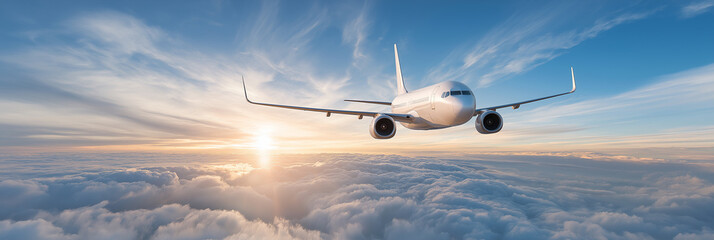 Wide angle shot of a passenger plane flying above the clouds and a clear sky, shot in high resolution.