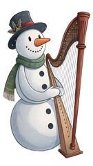 Snowman playing a large harp on a transparent background