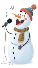 Snowman with a happy expression singing into a microphone on a transparent background