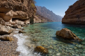 Fototapeta premium Wadi Mujib: Breathtaking Landscape of Cliffs and Water Pooling at the Coastline