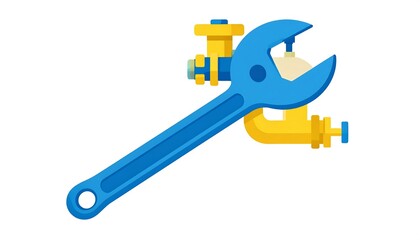 A stylized illustration featuring a blue wrench positioned across yellow pipe fittings, suggesting repair work or maintenance on a system
