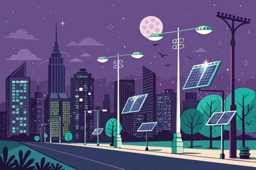Modern city skyline at night illuminated by streetlights and solar panels.