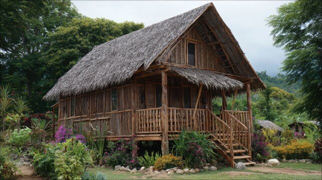 Charming Bahay Kubo: A Rustic Wooden Cabin Embraced by Nature in a Serene Village Setting