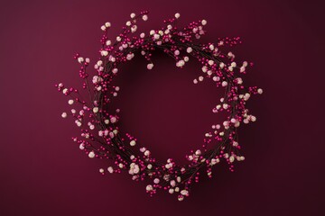 A circular wreath composed of dark brown stems with small, vibrant pink and delicate cream-colored berries creates a beautiful and eye-catching design against a deep burgundy backdrop.