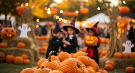 Children in halloween costumes at a pumpkin patch festival