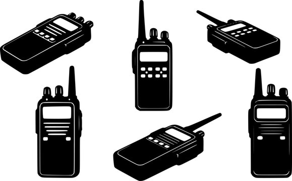 Five black walkie talkie radio communication devices shown in silhouette against a white background
