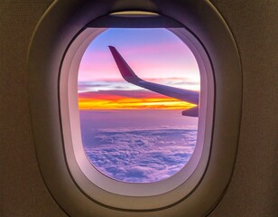 Fototapeta premium Airplane Wing Above the Clouds at Sunset – Aerial Travel View