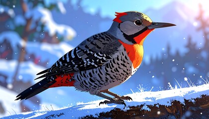 A stylized illustration showcases a woodpecker perched on a snow-covered branch, set amidst a winter landscape of trees and mountains. Sunlight illuminates the scene
