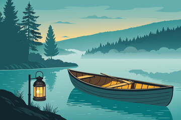 Tranquil lake scene with a boat and a lantern at dawn.