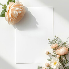 Blank white card surrounded by soft peach and white flowers, creating elegant and romantic atmosphere. Perfect for invitations