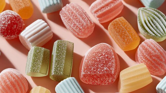 Colorful pastel gummy candy with sugar coating in various shapes and textures, sweet and vibrant treat for playful enjoyment