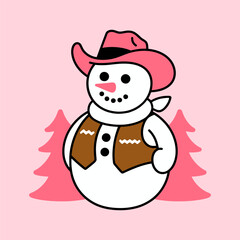 Cowboy Snowman Wearing Hat with Pink Christmas Trees Illustration
