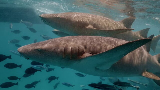 A large, tightly packed group of nurse sharks gracefully swims near the ocean surface in the crystal-clear waters of the Maldives, surrounded by colorful tropical fish in a vibrant marine setting.