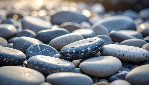 Close up of smooth grey and black speckled stones on a beach with blurred golden sunlight and bokeh background - Powered by Adobe