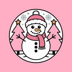 Snowman with Pink Christmas Trees and Winter Snowflakes Illustration