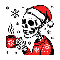 Christmas Skeleton Drinking Hot Coffee Illustration