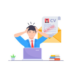 Frustrated businessman with reject stamp on the stack of paper sheets, refusal to grant a loan or job, blank or cv resume with stamp-rejected