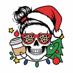 Cool Christmas Skull Girl with Santa Hat Coffee and Sunglasses Illustration