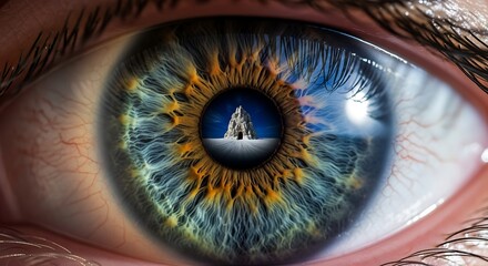Surreal Eye Reflection of a Lighthouse on a Rocky Shoreline.