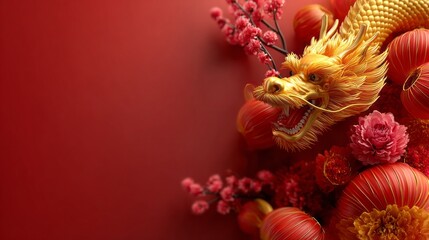 A gold dragon is surrounded by red flowers and lanterns