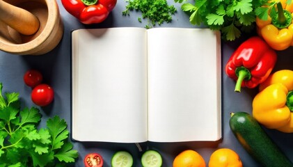 Artistic food journal entry with colorful ingredients and stationery A colorful flat lay of a journal open to a blank page, surrounded by vibrant chopped vegetables like bell peppers and zucchini,