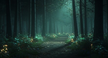 Fototapeta premium A path through a dark forest with glowing lights at night