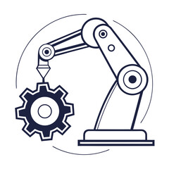 Illustration of an industrial robot arm assembling a gear within a circular design element outline