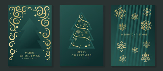 Naklejka na ściany i meble Luxury Merry Christmas Happy Holiday and Happy New Year Vector Greeting Card Set with Gold Christmas Tree and Snowflakes on Dark Green Background Naklejka na ściany i meble Luxury Merry Christmas Happy Holiday and Happy New Year Vector Greeting Card Set with Gold Christmas Tree and Snowflakes on Dark Green Background