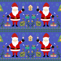 Christmas fabric art, abstract, ethnic, purple background, Santa Claus for textile, clothes, curtains, carpets, pillows, bags, decorations, vector illustration.
