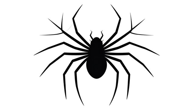 A stylized, black spider silhouette, with spindly legs extending from a central body, against a clean white background