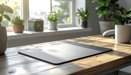 A sunlit workspace with a blank slate on a wooden desk, surrounded by potted plants, near a bright window